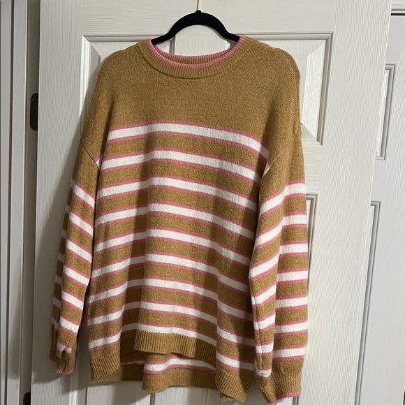 crown & ivy Sweaters - Crown & Ivy Oversized Brown White and Pink Striped Puff Sleeve Sweater Small